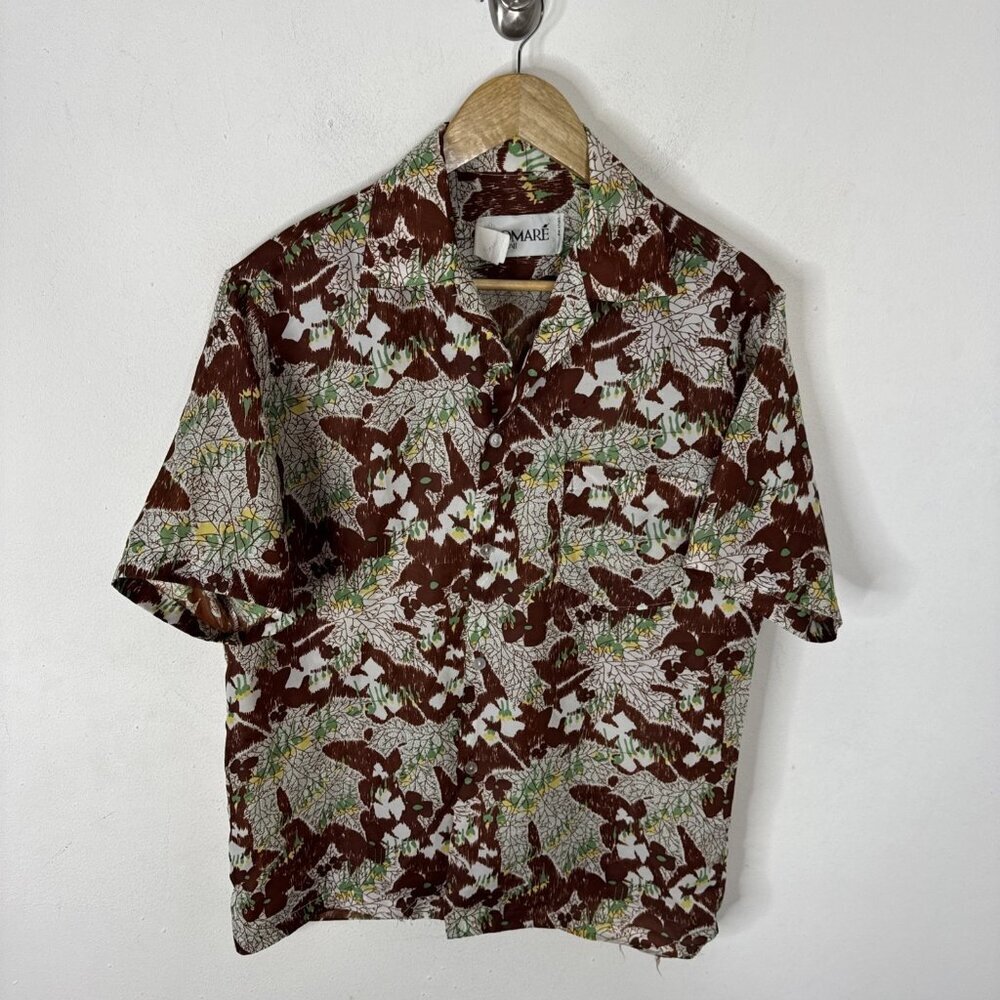 Vintage Pomare Hawaii Aloha Shirt Brown Floral Leaf Print Made in USA Size M 70s